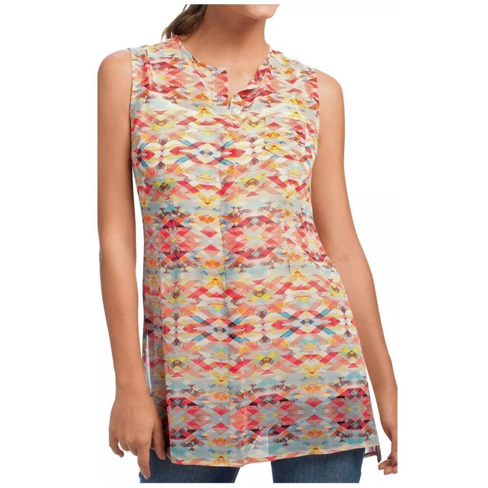 CAbi Avery Aztec Geo Print Chiffon Sheer Button Front Tunic Blouse Muti-color M